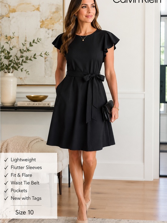Calvin Klein Dresses & Skirts - Calvin Klein Dress Womens 10 Black Fit & Flare Flutter Sleeve Belted Pockets NWT